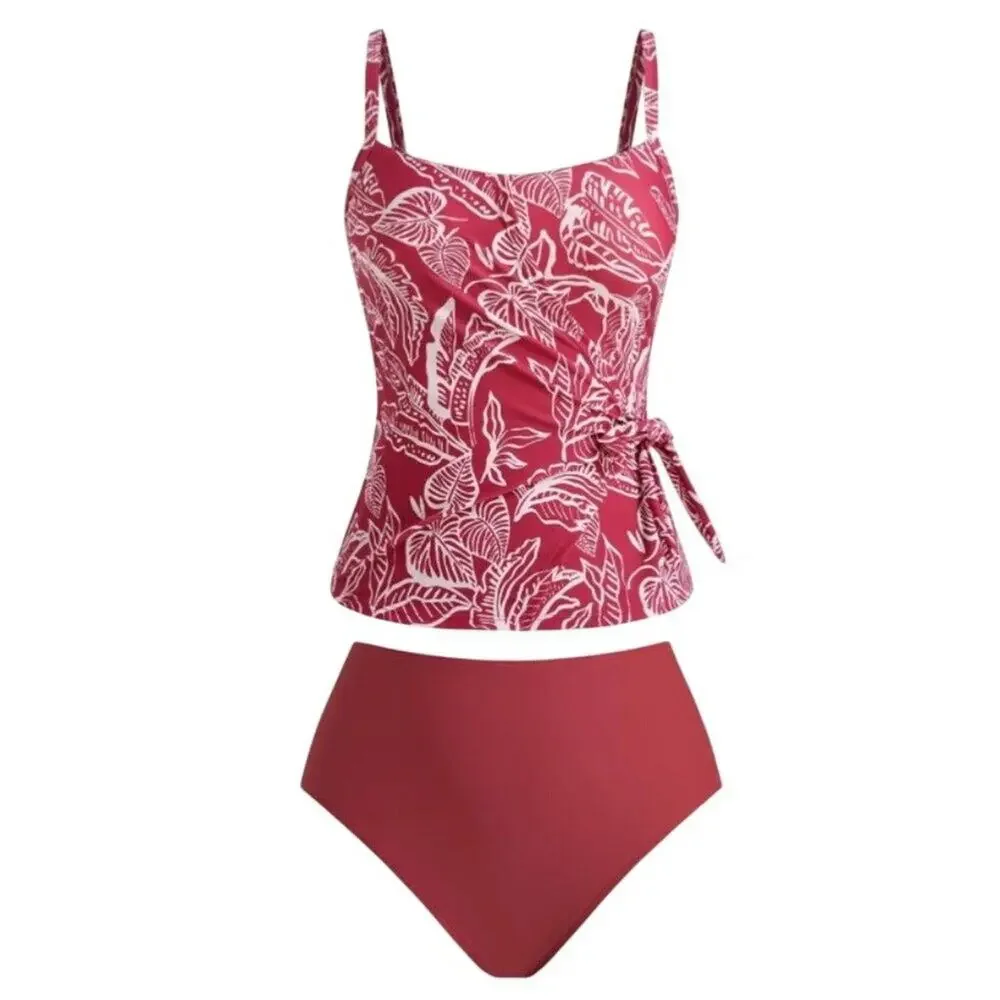 Cupshe Women Red Floral Tankini Set Square Neck Side Tie 2 Piece S
